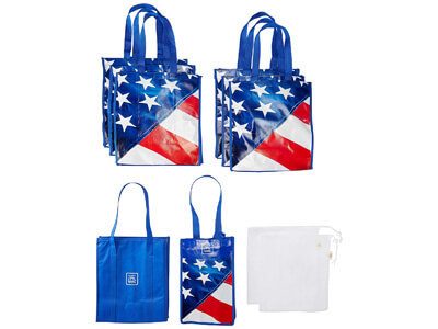 10-in-1 Reusable Grocery Bag & Produce Bags Organizer Set | Stars & Stripes / 6x Reusable Shopping Bags with handles, 2x Mesh Produce Bags, Insulated Freezer Bag, 6-Bottle Wine Carrier/Tote