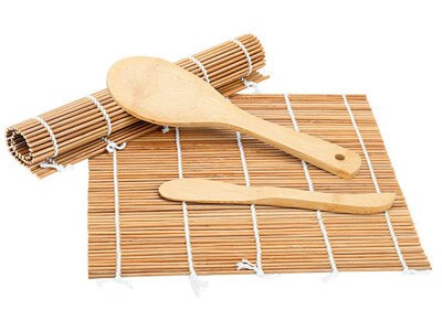 Bamboo Sushi Kit, Carbonized Rolling Mats for Mold-Resistant, Included 2 Rolling Mats - 5 Pairs Chopsticks - Paddle - Spreader - Beginner's Guide (PDF), Roll on! Beginner Sushi Making Kit