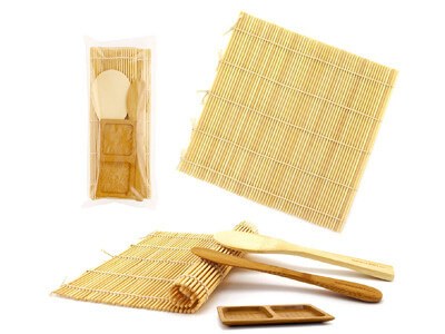 BambooMN Deluxe Sushi Making Kit 2x Natural Rolling Mats, 1x Rice Paddle, 1x Spreader, 1x Sauce Dish | 100% Bamboo Mats and Utensils