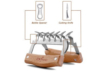 CMflower Metal Claws Stainless Steel Meat Shredder Forks Wood Handle Cutting Knife Bottle Opener Barbecue Tool Set for Shredding Pulling Lifting BBQ Meat Wood