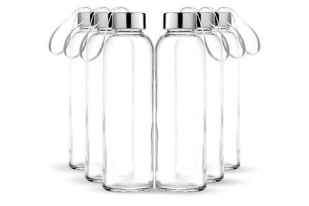 Chef's Star Glass Water Bottle 6 Pack 18oz Bottles for Beverages and Juicer Use Stainless Steel Leak Proof Caps with Carrying Loop - Including 6 Black Nylon Protection Sleeve