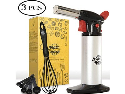 Cooking Torch Professional Set For Creme Brulee By Pepe Nero Culinary Torch - Kitchen Torch - Refillable Aluminum Blow Butane Adjustable for Baking BBQ Chef - Gifts Whisk & Measuring Spoons & Ebook