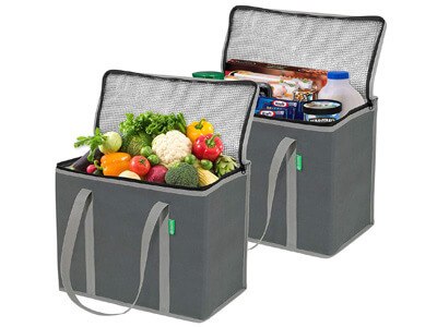 Insulated Grocery Shopping Bags (2 Pack-Gray), X-Large, Premium Quality Cooler Bag Set with Long Handles and Zipper Top. Reusable Tote for Warm or Cold Food, Freezer Items, Delivery