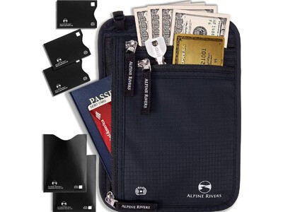 Neck Wallet Travel Pouch & Passport Holder - RFID Blocking with 5 Bonus Sleeves