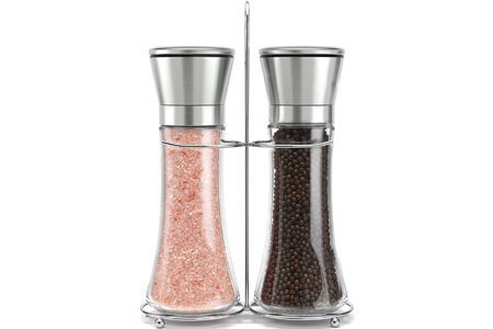 Original Stainless Steel Salt and Pepper Grinder Set With Stand - Tall Salt and Pepper Shakers with Adjustable Coarseness - Salt Grinders and Pepper Mill Shaker Set